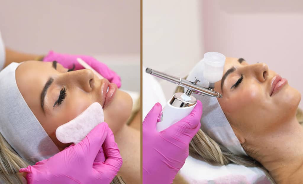 Client receiving the Anti-Aging Facial treatment, including exfoliation and serum application.